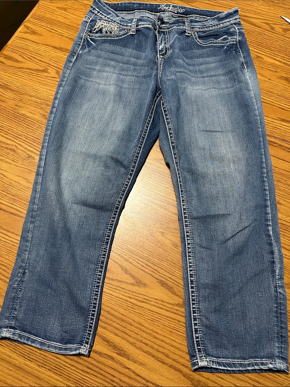 Love Indigo Women's Medium Blue Boyfriend Capris with Light Whiskering